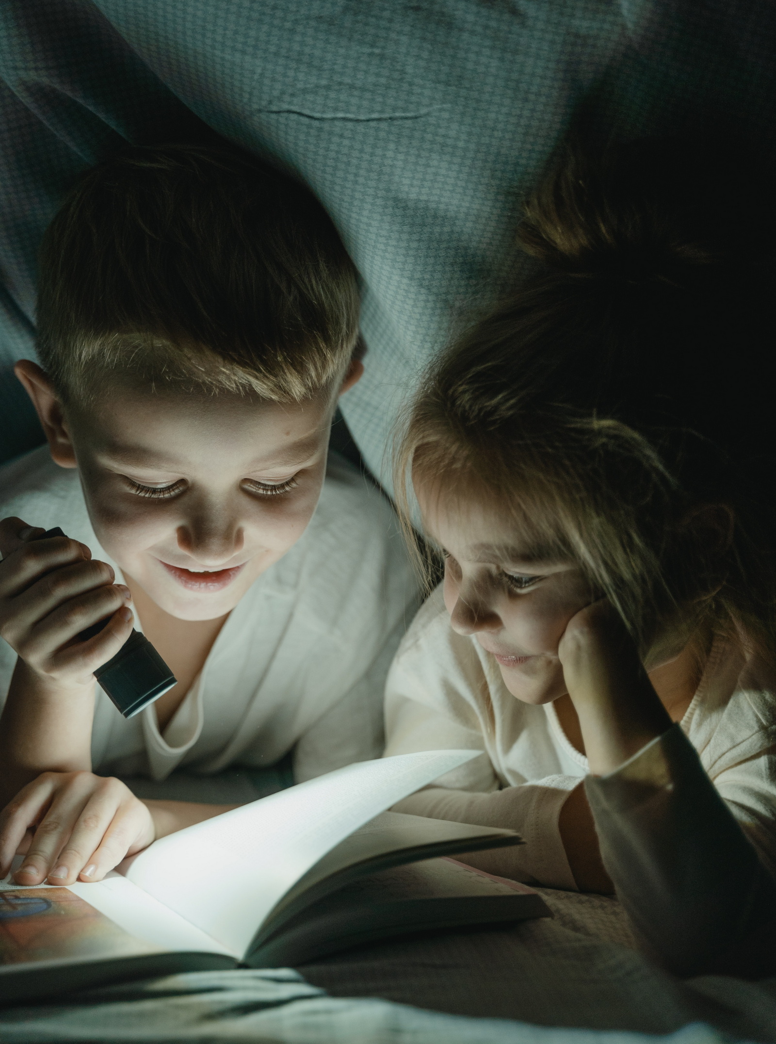 Zwei Kinder lesen mit Taschenlampe unter der Decke