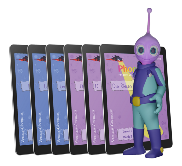 Eine futuristische Figur steht selbstbewusst vor einer Reihe von Tablet-Bildschirmen, auf denen verschiedene Bücher auf Deutsch angezeigt werden. Die Figur hat eine violette Antenne und die Tablets zeigen bunte Cover mit Titeln wie „Die Riesen“. Dieses Setup ist perfekt für Phontasia Level 1-Freischaltung und macht das Lesen unterhaltsam und spannend.