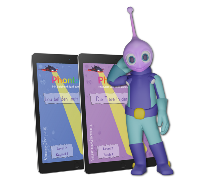 Ein freundlicher Cartoon-Alien steht neben zwei Tablets mit bunten Buchcovern in deutscher Sprache. Die Titel auf den Bildschirmen lauten „Lou bei den Inuit“ und „Die Tiere in der Schule“. Der lächelnde Alien mit lila Antenne und blauem Outfit ermutigt Kinder, mit dem Phontasia Level 2-Basispaket Probleme in der Grundschule zu überwinden.