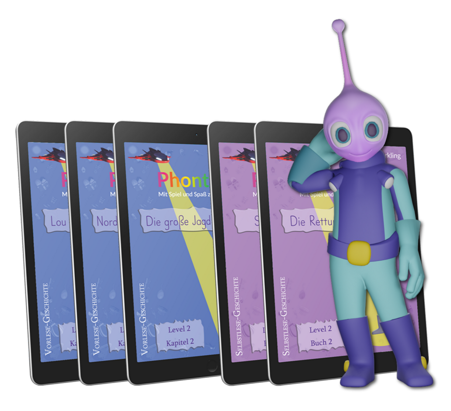 Ein lilafarbener Alien in einem blau-türkisen Anzug steht vor einer Reihe von fünf Tablets. Auf den Bildschirmen sind Buchcover in deutscher Sprache zu sehen, auf denen die Worte „Phontasia Level 2-Erweiterung“ und Titel wie „Die große Jagd“ und „Die Rettung“ zu lesen sind. Es ist eine spannende Möglichkeit für Kinder, spielerisch zu lesen und zu lernen.