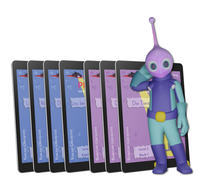 Eine lilafarbene außerirdische Figur in einem blau-grünen Raumanzug steht neben einer Reihe von Phontasia Level 2-Gesamtpaketen (alles drin 🤓). Auf jedem Tablet ist eine andere Seite eines Buches auf Deutsch zu sehen. Die Titel erinnern an verschiedene Kindergeschichten, darunter eine über Tiere, perfekt für spielerisch lesen lernen oder kinder lesen lernen.