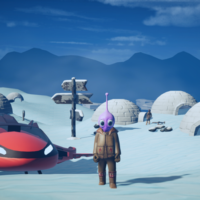 Eine Figur mit einem lila Alienkopf und menschlicher Kleidung steht in einer verschneiten Landschaft neben einem roten futuristischen Fahrzeug und liest spielerisch aus Phontasia Level 2-Gesamtpaket (alles drin 🤓). Im Hintergrund sind Menschen neben igluartigen Strukturen zu sehen, in der Ferne sind Berge unter einem blauen Himmel zu sehen.
