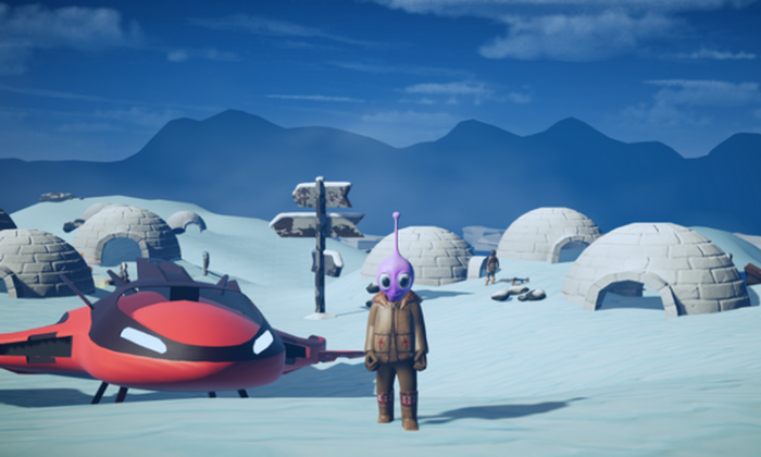 Eine Figur mit einem lila Alienkopf und menschlicher Kleidung steht in einer verschneiten Landschaft neben einem roten futuristischen Fahrzeug und liest spielerisch aus Phontasia Level 2-Gesamtpaket (alles drin 🤓). Im Hintergrund sind Menschen neben igluartigen Strukturen zu sehen, in der Ferne sind Berge unter einem blauen Himmel zu sehen.