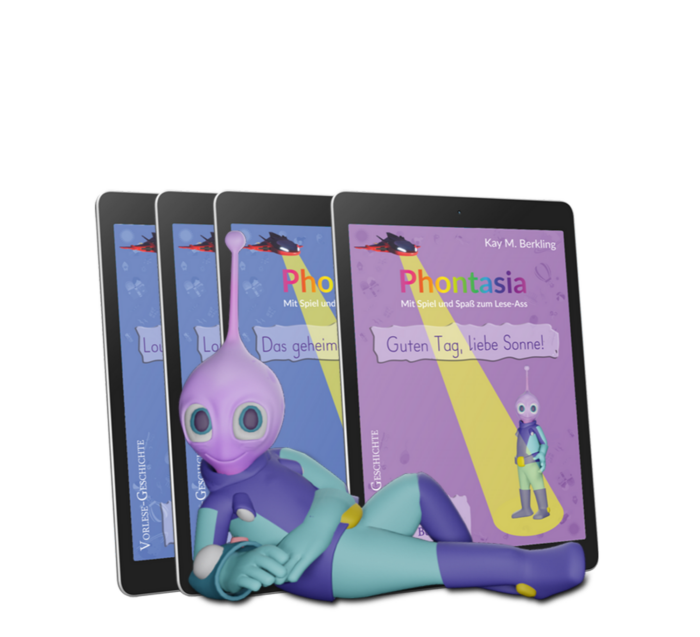 Eine außerirdische Figur sitzt vor drei Tablets mit Buchcovern. Auf den Covern ist der Titel „Phontasia Level 3-Erweiterung“ zu sehen, und es sind Abbildungen desselben Aliens im Scheinwerferlicht zu sehen. Der Text auf Deutsch bietet Hilfestellung bei allen möglichen Schwierigkeiten beim Lesen.
