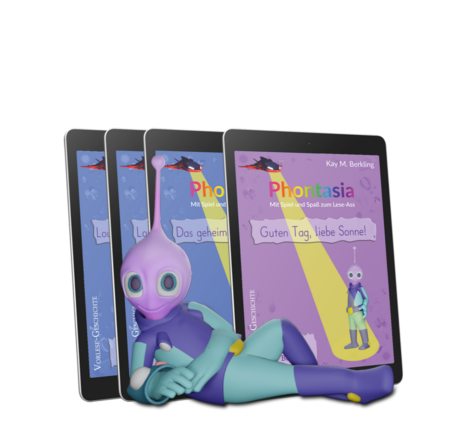 Eine außerirdische Figur sitzt vor drei Tablets mit Buchcovern. Auf den Covern ist der Titel „Phontasia Level 3-Erweiterung“ zu sehen, und es sind Abbildungen desselben Aliens im Scheinwerferlicht zu sehen. Der Text auf Deutsch bietet Hilfestellung bei allen möglichen Schwierigkeiten beim Lesen.