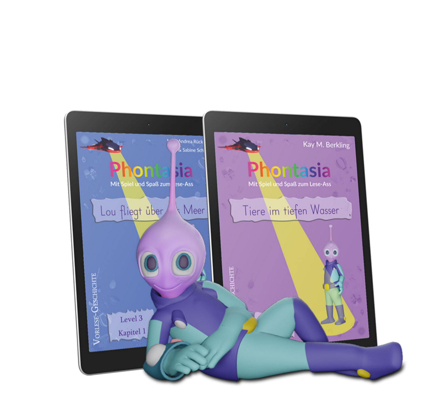 Ein lilafarbener Alien mit einer einzelnen Antenne sitzt vor zwei Tablets, auf denen E-Books angezeigt werden. Die E-Books, die sich perfekt für Grundschüler eignen, die gerade lesen lernen, tragen die Titel „Lou fliegt über das Meer“ und „Tiere im tiefen Wasser“, beide aus dem Phontasia Level 3 Basispaket von Kay M. Berling.