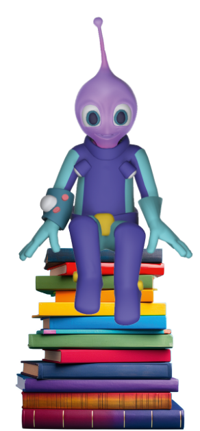 Ein lila Roboter mit rundem Kopf und Antenne sitzt lächelnd auf einem Stapel bunter Bücher. Der Roboter hat blaugrüne Arme und Beine und wirkt fröhlich und entspannt. Er ist bereit, jedem Kind zu helfen, das in der Grundschule möglicherweise Schwierigkeiten beim Lesen hat. Ein lila Alien mit rundem Kopf und Antenne sitzt lächelnd auf einem Stapel bunter Bücher. Das Alien hat blaugrüne Arme und Beine und wirkt fröhlich und entspannt. Er ist bereit, jedem Kind zu helfen, das in der Grundschule möglicherweise Schwierigkeiten beim Lesen hat.