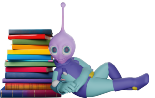 Ein Alien mit violettem Kopf, blaugrünem Körper und Antenne liegt auf einem hohen Stapel bunter Bücher und lehnt sich an ihn. Der Alien scheint zu lächeln, während er sich rechts neben dem Bücherstapel befindet und Spaß beim Lesen und Lernen hat.