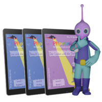 Ein lila Alien mit einer Antenne steht neben drei Tablets, auf denen E-Book-Cover angezeigt werden. Die Cover zeigen farbenfrohe Illustrationen und Titel auf Deutsch, wie etwa „Phantasie“ und „Der Laden und die Dame“. Das Alien ist perfekt für Kinder, die in der Grundschule lesen lernen. Er hat eine nachdenkliche Pose und legt die Hand aufs Kinn. Das Produkt heißt Phontasia Level 1-Starterpaket.